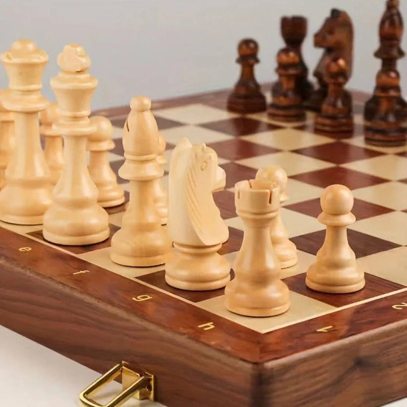 Folding Walnut Wood Chess Board Set with Handcrafted Weighted Pieces