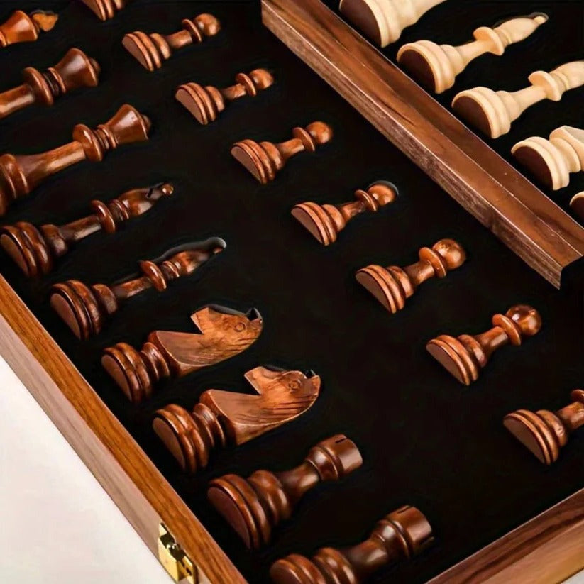Folding Walnut Wood Chess Board Set with Handcrafted Weighted Pieces