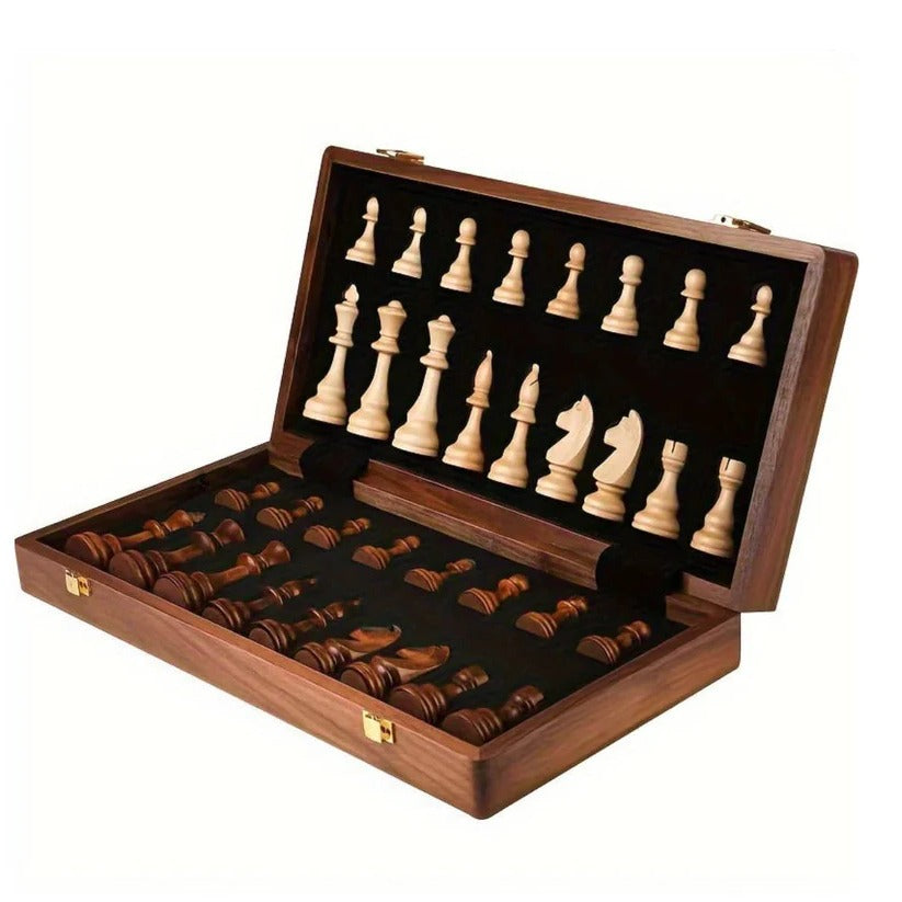 Folding Walnut Wood Chess Board Set with Handcrafted Weighted Pieces