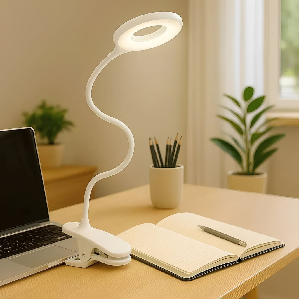 Clip-On Gooseneck LED Reading Light with Dimmable USB Rechargeable Design for Desk Use