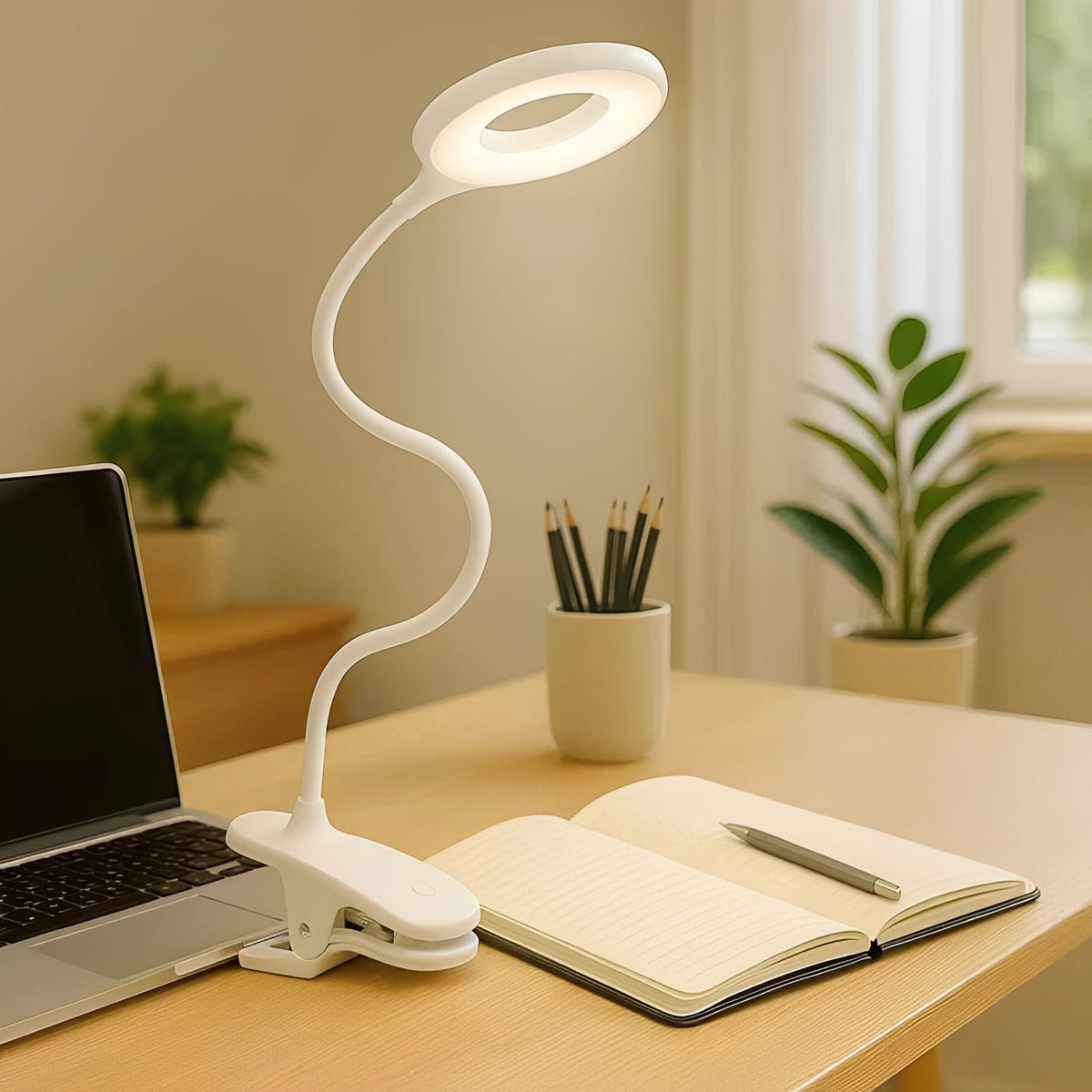 Clip-On Gooseneck LED Reading Light with Dimmable USB Rechargeable Design for Desk Use