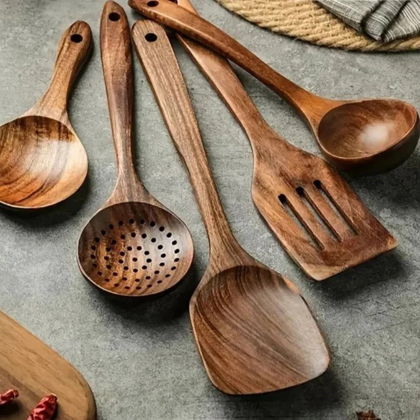 Natural Acacia Hardwood Cooking Utensil Set for Kitchen Use