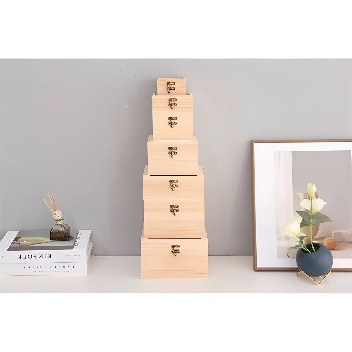 Square Wooden Storage Box with Hinged Lid for Jewelry and Desktop Items