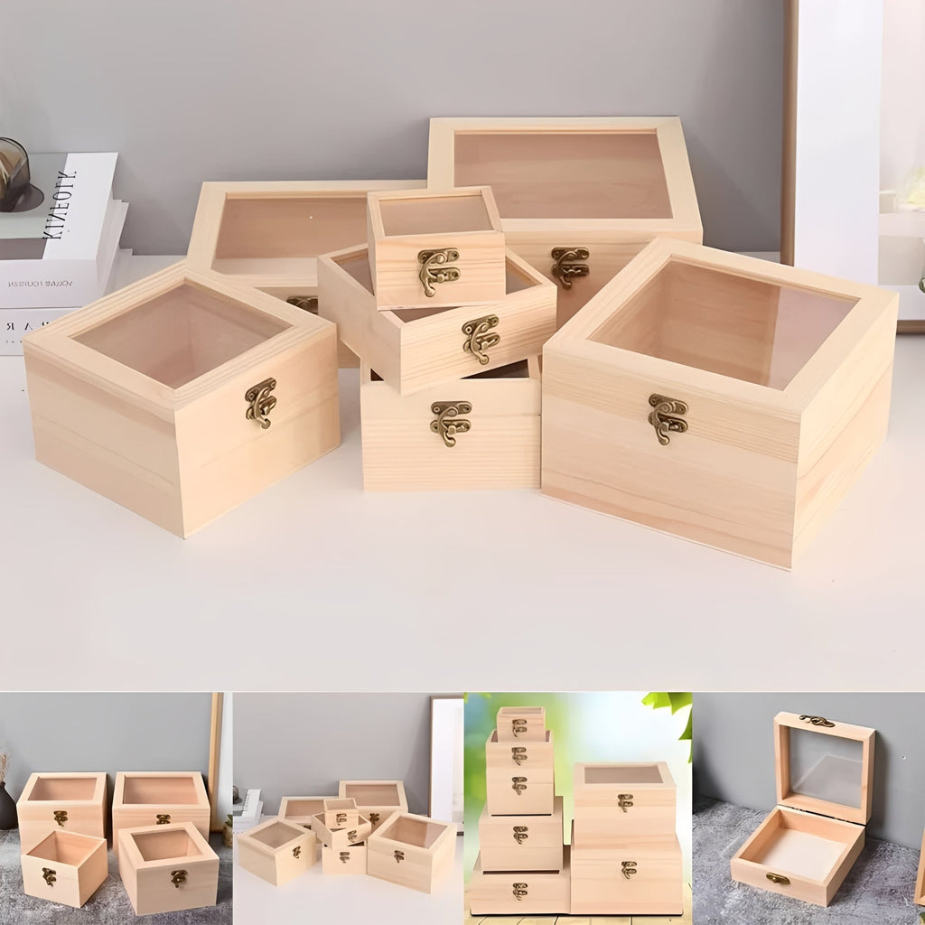 Square Wooden Storage Box with Hinged Lid for Jewelry and Desktop Items