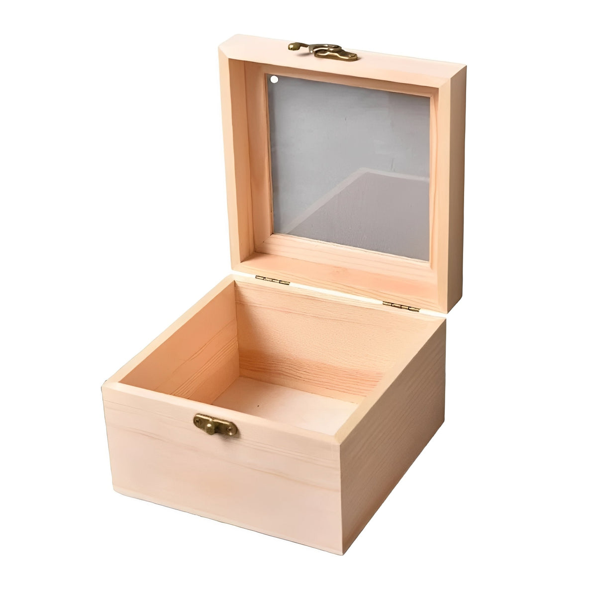Square Wooden Storage Box with Hinged Lid for Jewelry and Desktop Items
