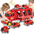 Fire Truck Transport Toy Set with Lights and 4 Friction Vehicles and Helicopter