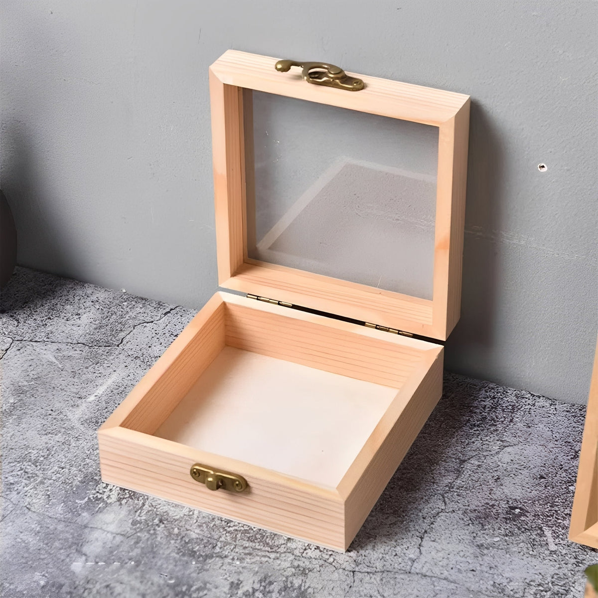 Square Wooden Storage Box with Hinged Lid for Jewelry and Desktop Items