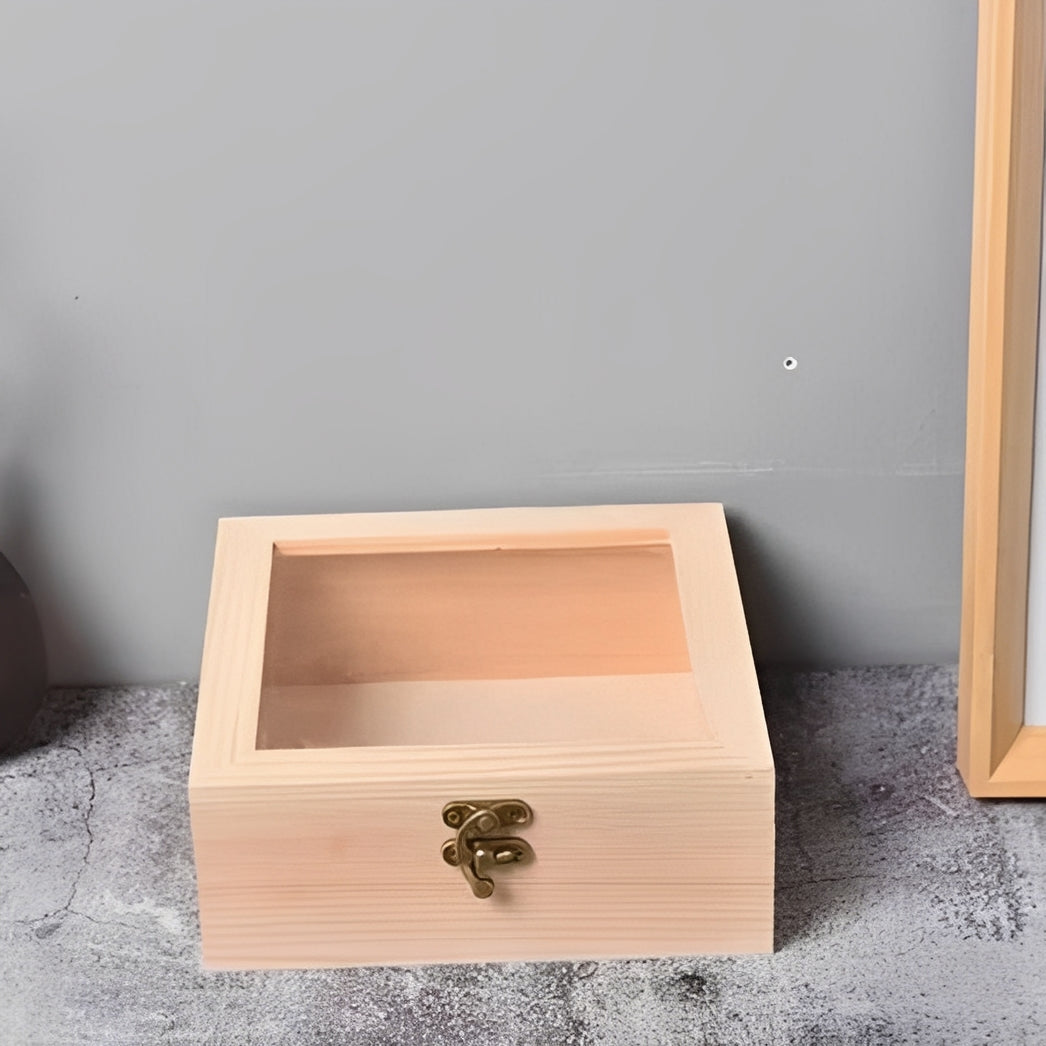 Square Wooden Storage Box with Hinged Lid for Jewelry and Desktop Items
