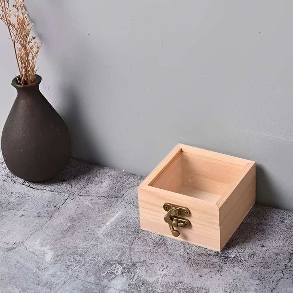 Square Wooden Storage Box with Hinged Lid for Jewelry and Desktop Items