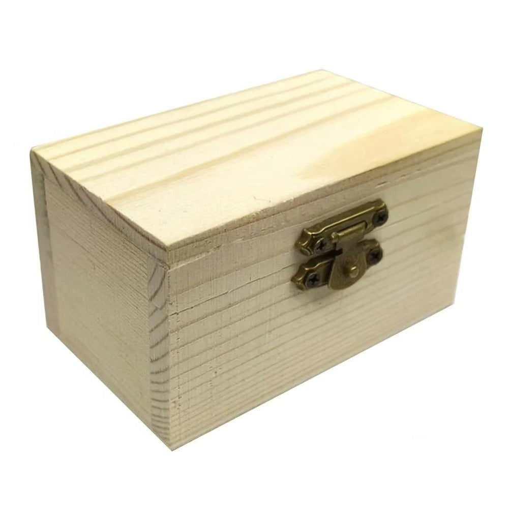 Pine Wood Treasure Chest with Hinged Lid and Locking Clasp for DIY Projects