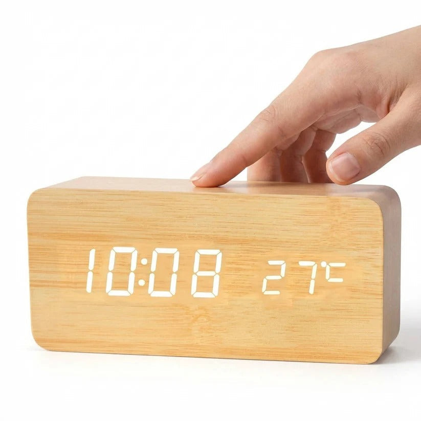 Digital Wood Grain Alarm Clock with 3 Alarms and Adjustable Brightness