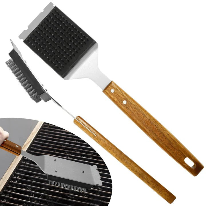 2-Piece Grill Cleaning Brush, Wooden Handle and Metal Scraper Head