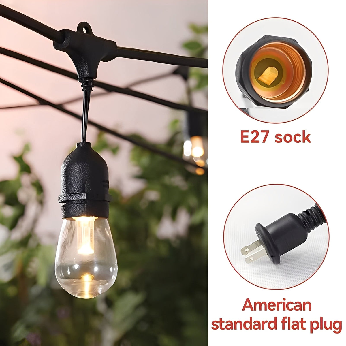 Outdoor LED String Lights with E27 Sockets and 220V Power