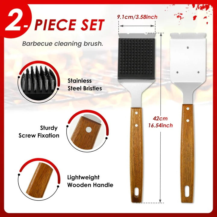 2-Piece Grill Cleaning Brush, Wooden Handle and Metal Scraper Head