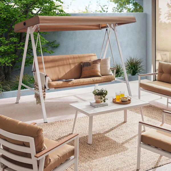 Averra 3-Seater Brown Outdoor Swing Chair, Steel Frame with Cushions and Canopy