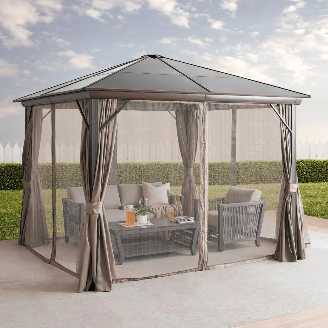 Trevana 3x3m Brown Outdoor Gazebo with Netting and Ceiling Hook