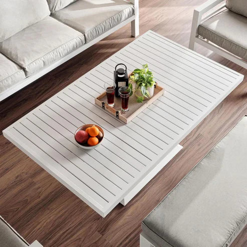 Valencia 5-Seater Outdoor Sofa Set with Bench and Lifting Table in Beige and White